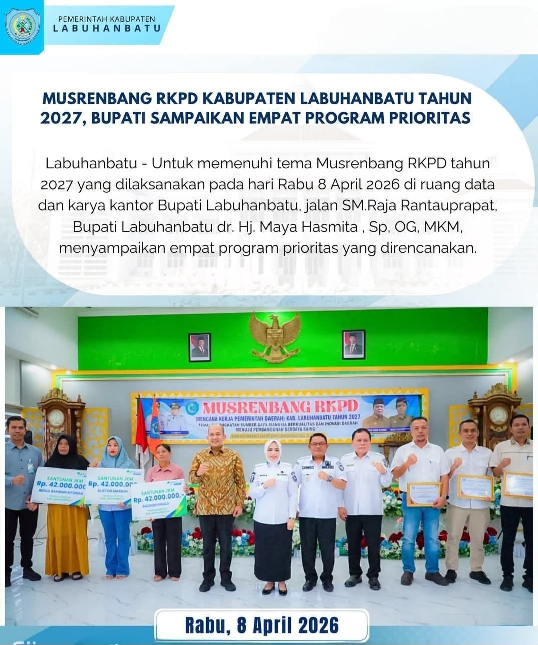 Musrenbang RKPD Kabupaten Labuhanbatu Tahun 2027 Bupati Labuhanbatu dr. Hj Maya Hasmita, Sp, OG, MKM Sampaikan 4 Program Prioritas